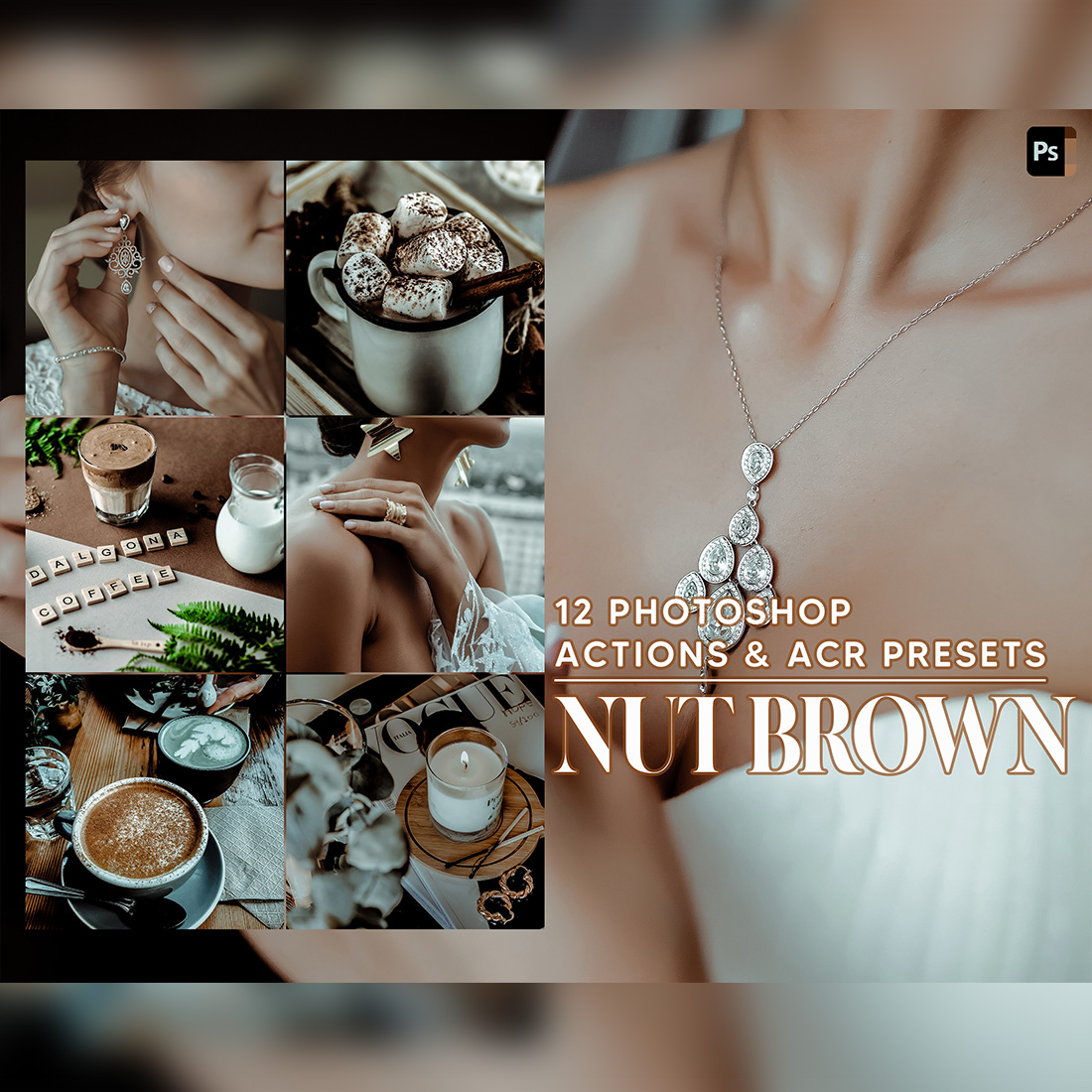 12 Photoshop Actions, Nut Brown Ps Action, Close Up ACR Preset, Moody Brown Ps Filter, Portrait And Lifestyle Theme For Instagram, Blogger cover image.