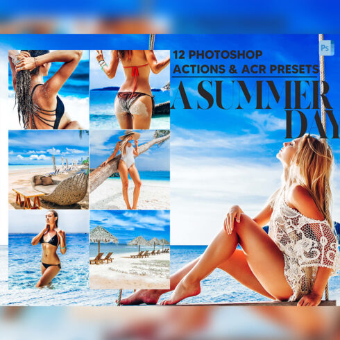 12 Photoshop Actions, A Summer Day Ps Action, Ocean Blue ACR Preset, Beach Ps Filter, Atn Portrait And Lifestyle Theme Instagram, Blogger cover image.