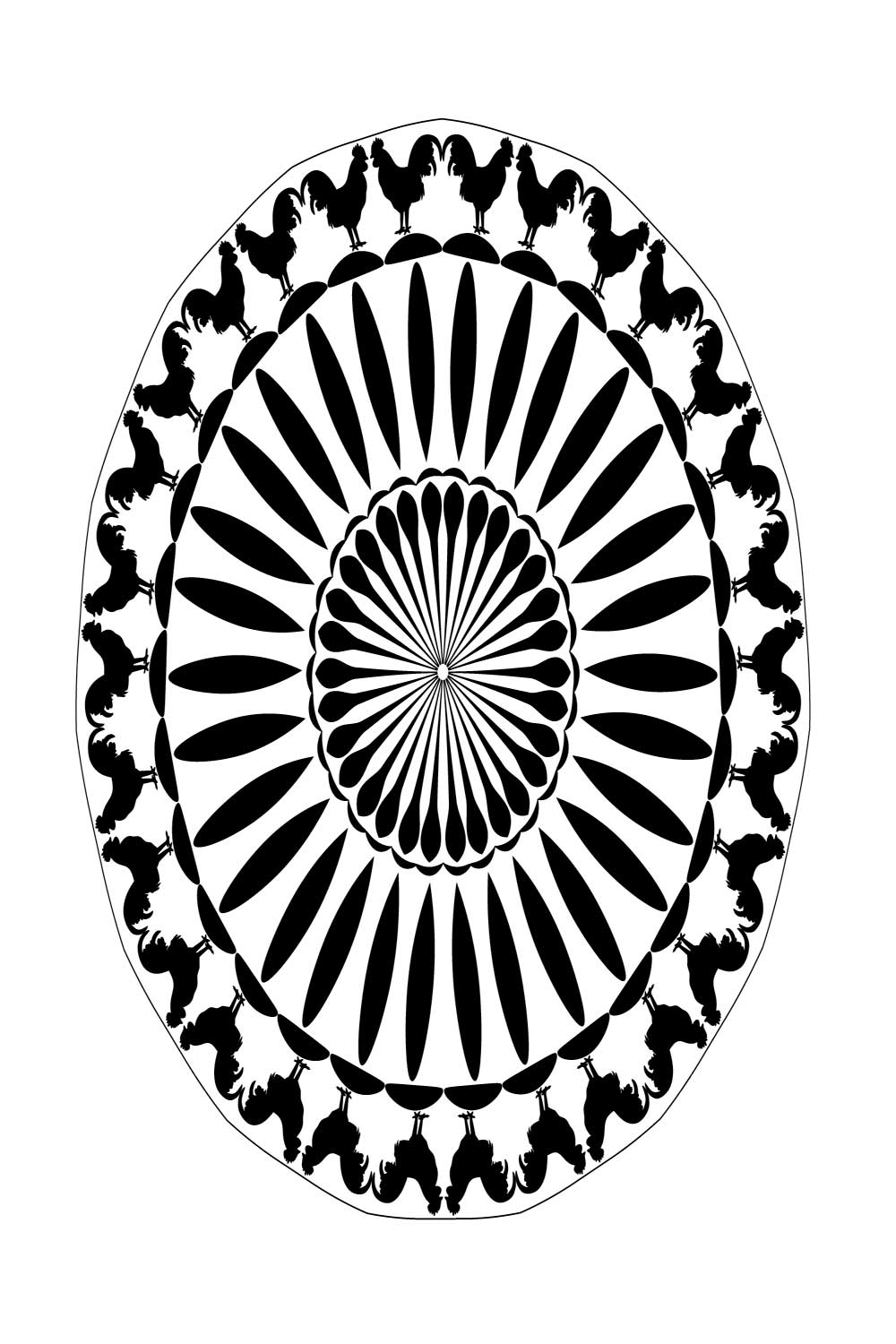 Mandala Art cock in blak and white circles pinterest preview image.