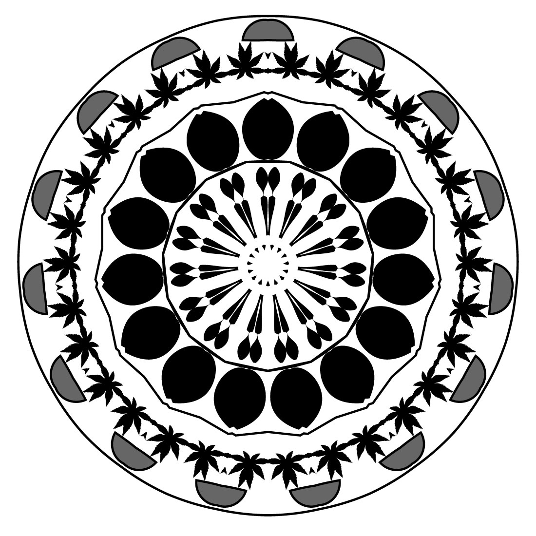 Mandala Art leaf in black and white preview image.