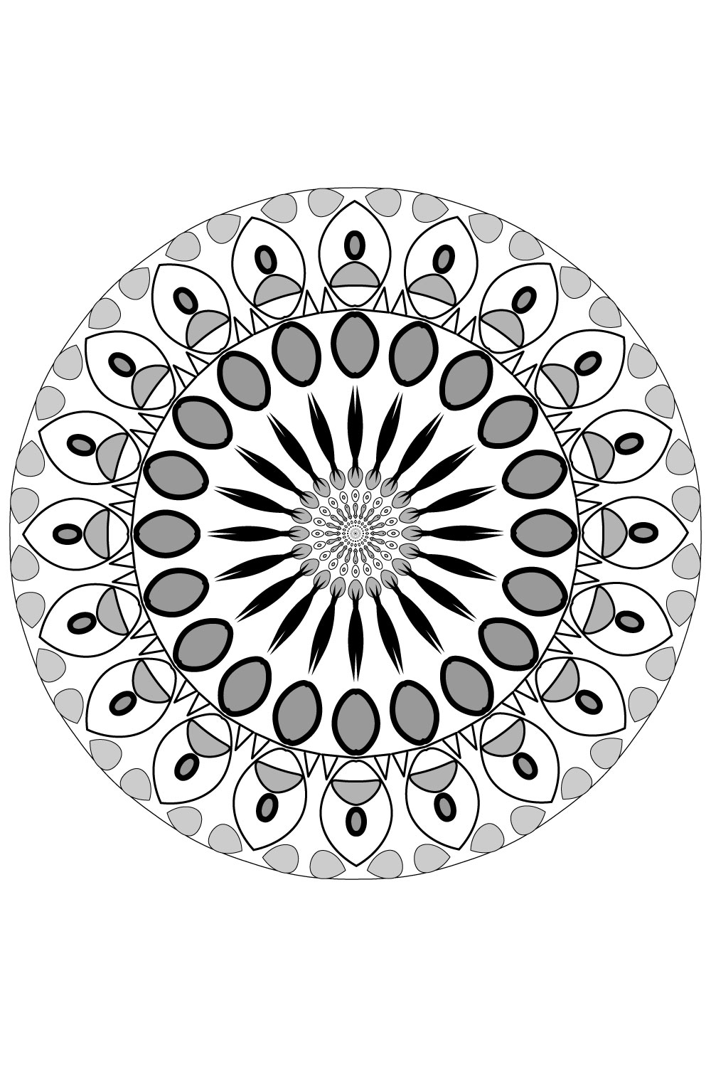 Mandala art with black and gray Petals pinterest preview image.