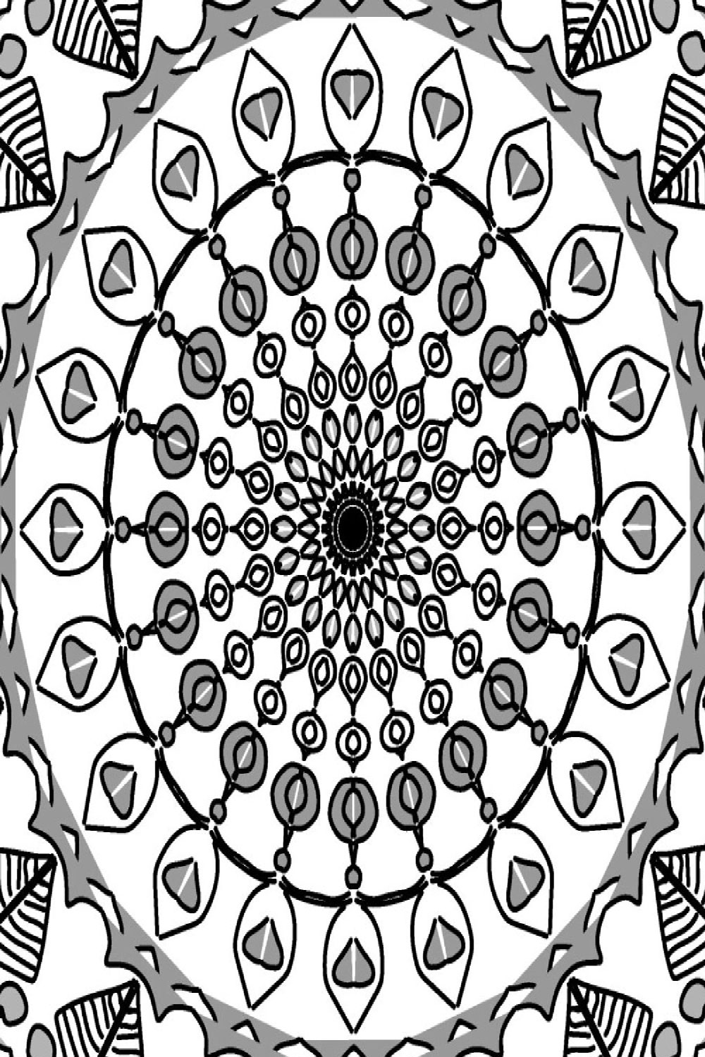 Mandala art with black and gray pinterest preview image.