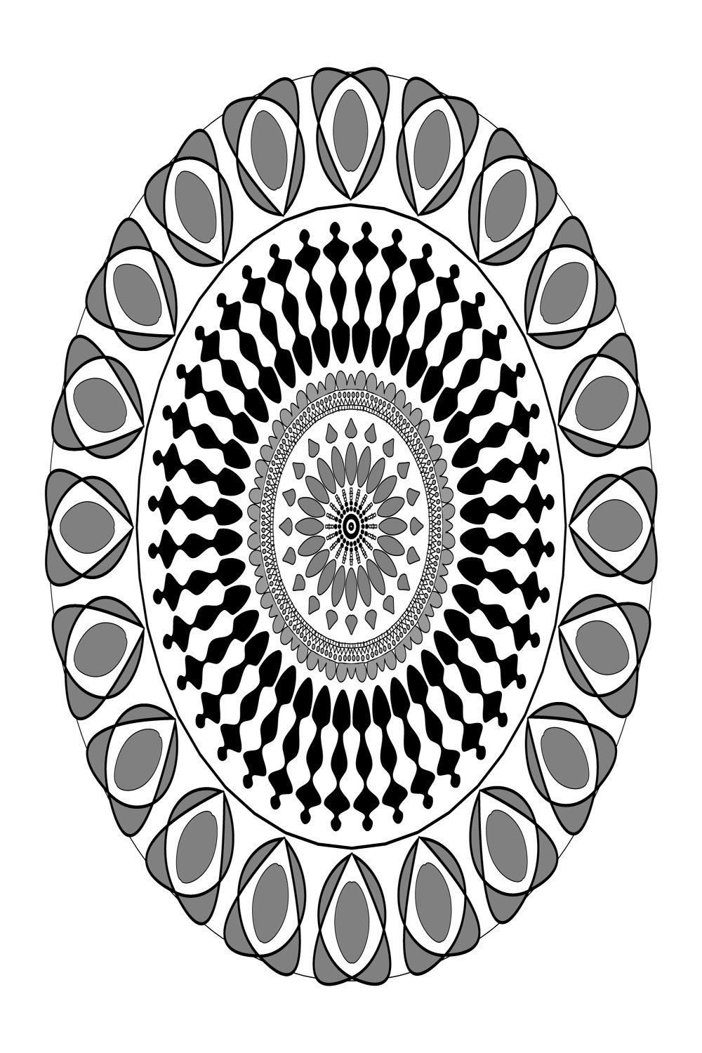 Mandala Art with Black rings and gray background pinterest preview image.