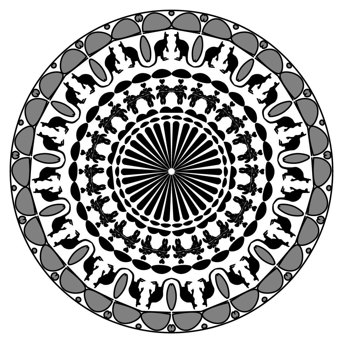 Mandala Art with Kangaroo in Black and White preview image.