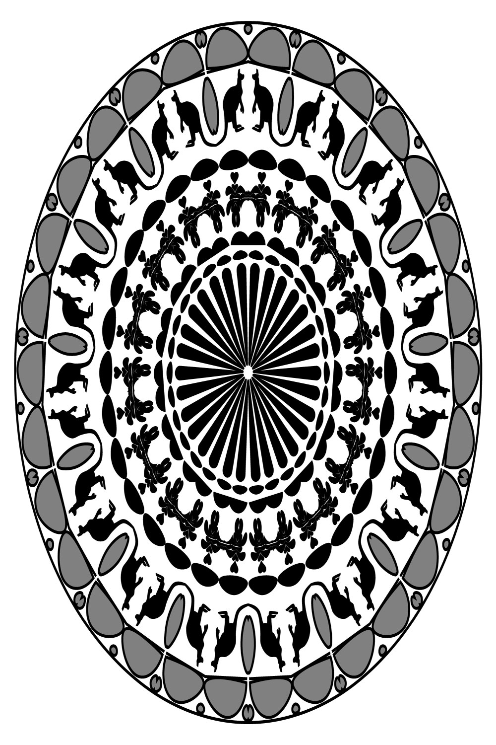 Mandala Art with Kangaroo in Black and White pinterest preview image.