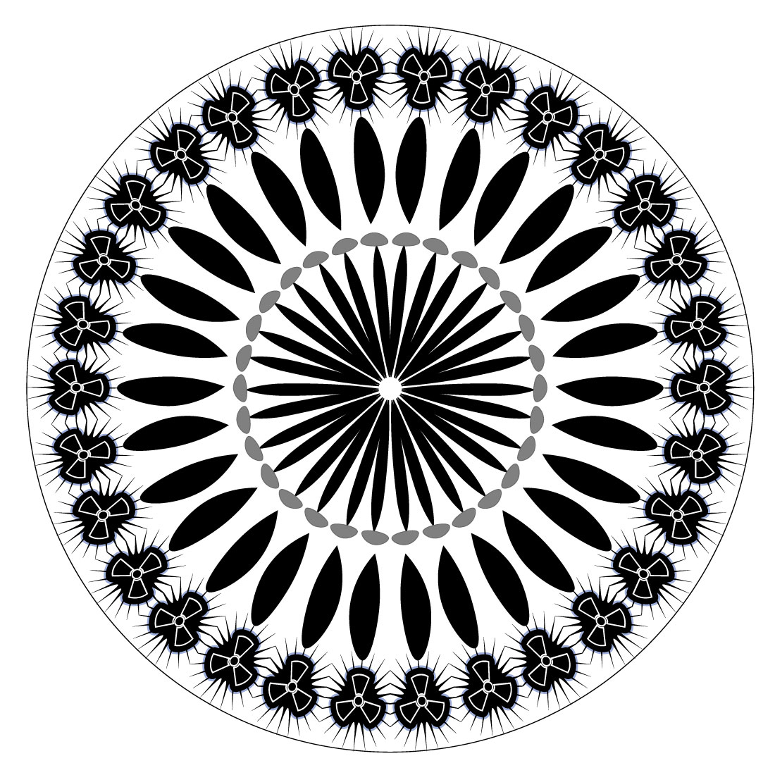 mandala art with radiation in black and white 1 670