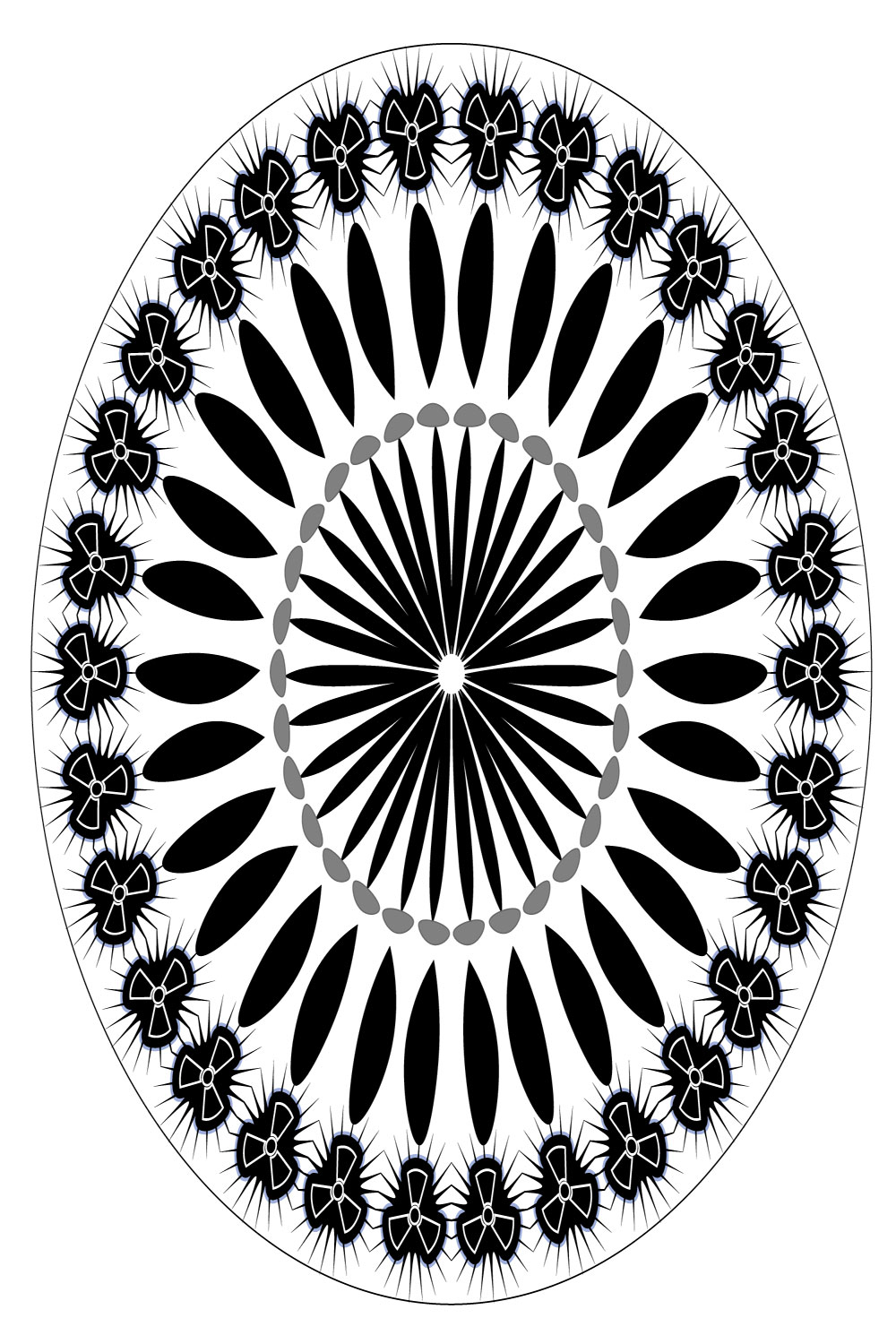 Mandala-Art-with-Radiation-in-black-and-white pinterest preview image.