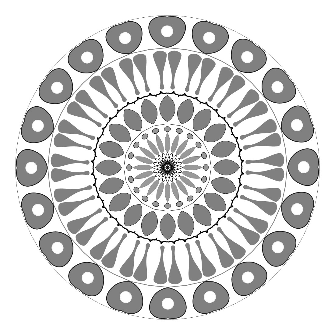 mandala art with rounded shados and gray pilers 1 445