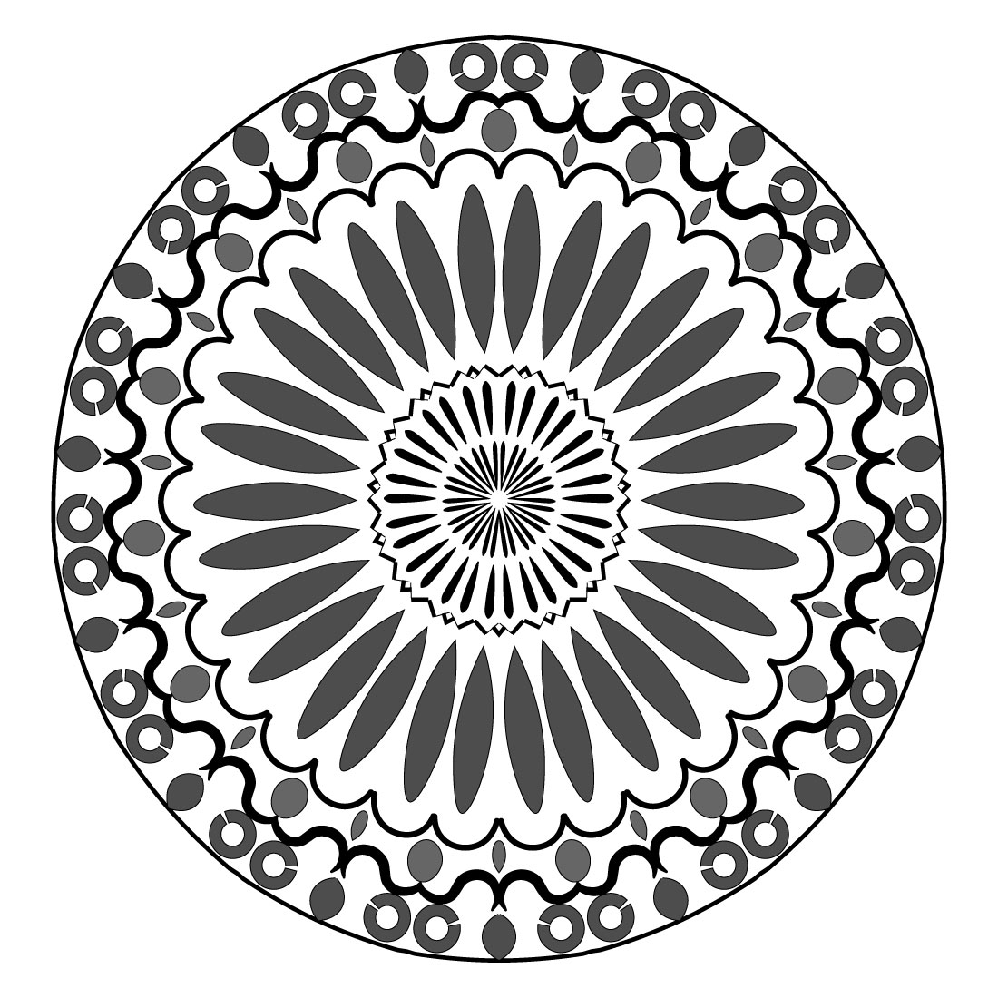 Mandala art with black and white rounded circles preview image.