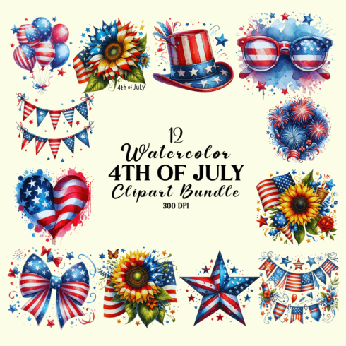 Watercolor 4th Of July Clipart Bundle cover image.