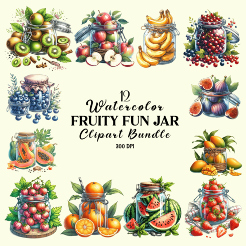 Watercolor Fruity Fun Jar Sublimation Clipart cover image.