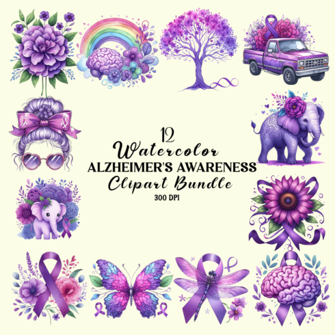 Watercolor Alzheimer's Awareness Clipart Bundle cover image.