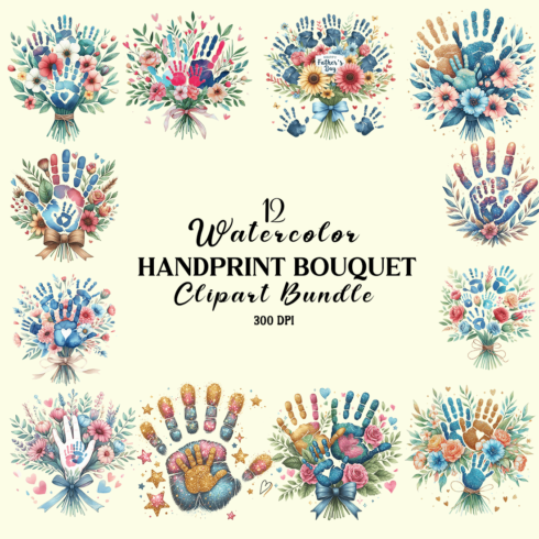 Watercolor Handprint Bouquet Clipart Bundle cover image.