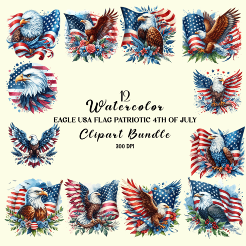 Watercolor 4th of July USA Patriotic Eagle Flag Sublimation Clipart cover image.
