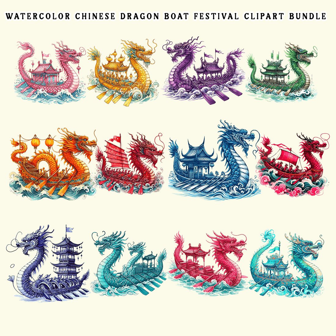 Watercolor Chinese Dragon Boat Festival Clipart Bundle preview image.