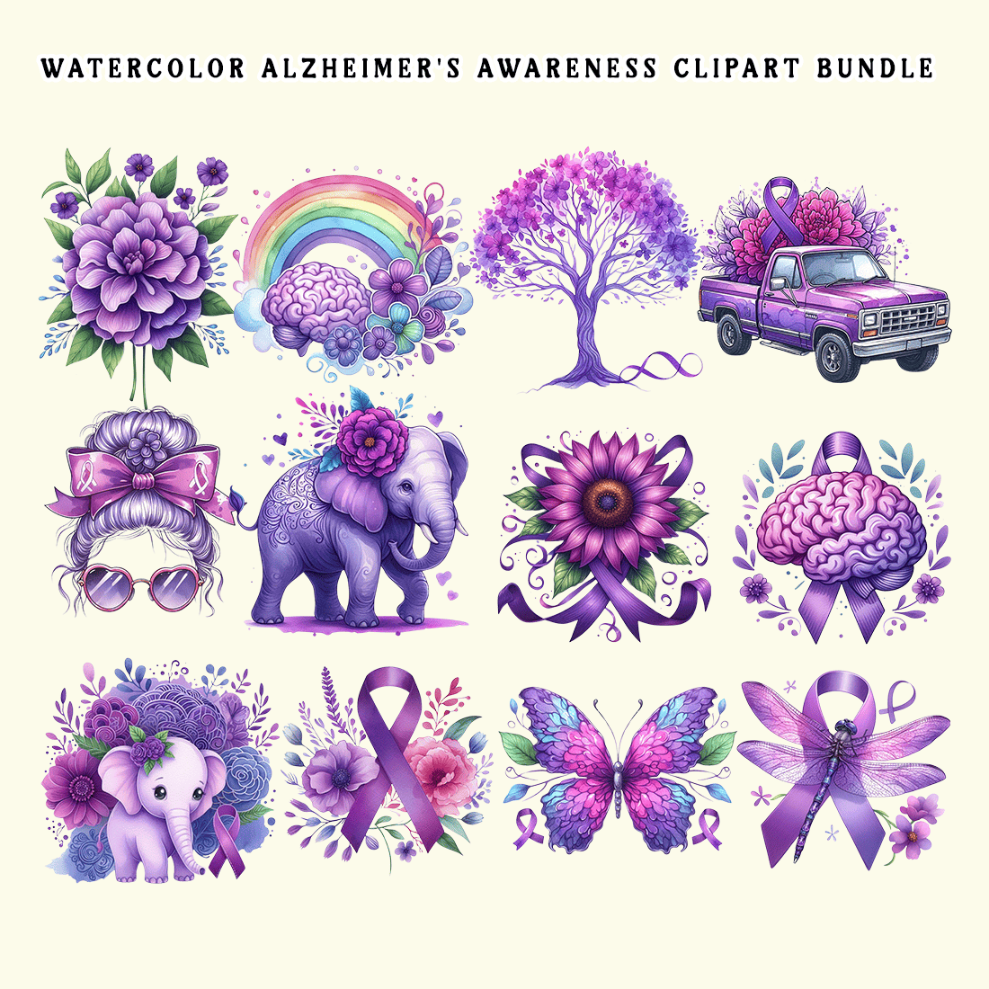 Watercolor Alzheimer's Awareness Clipart Bundle preview image.