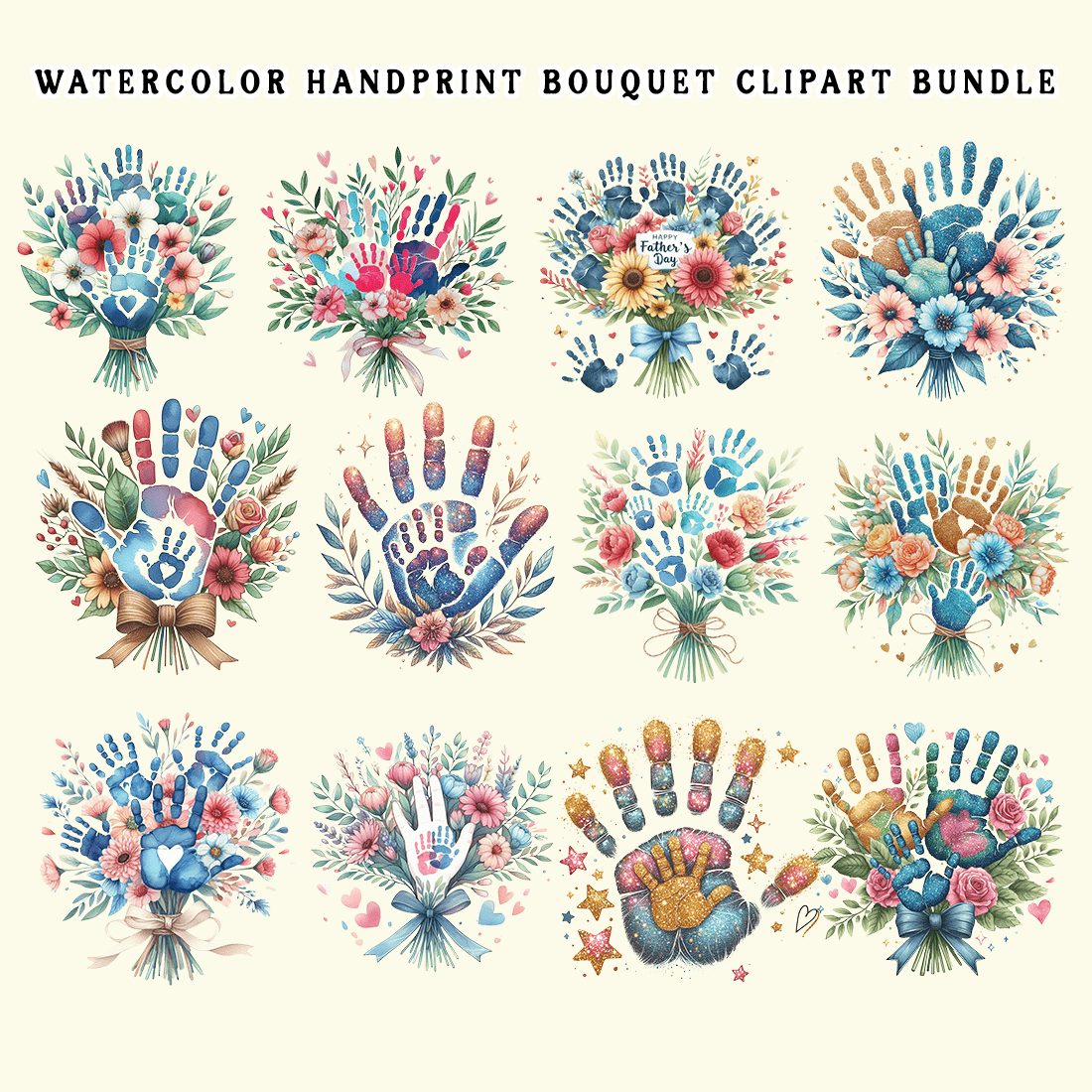 Watercolor Handprint Bouquet Clipart Bundle preview image.