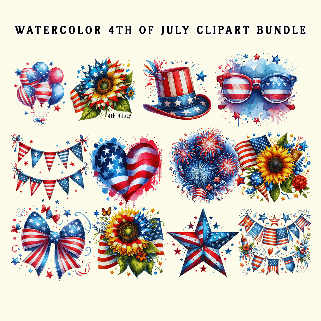 Watercolor 4th Of July Clipart Bundle preview image.
