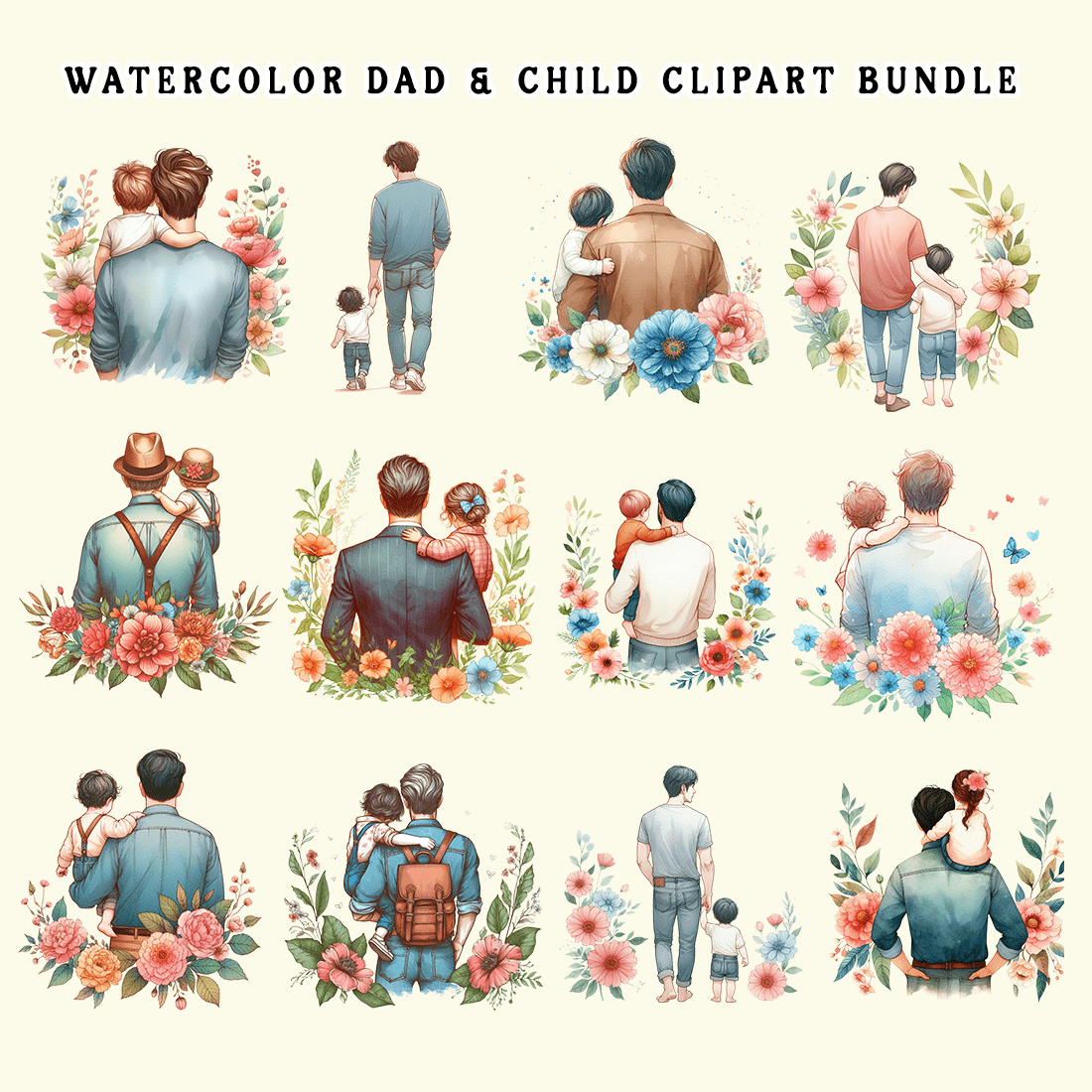 Watercolor Dad & Child Clipart Bundle preview image.