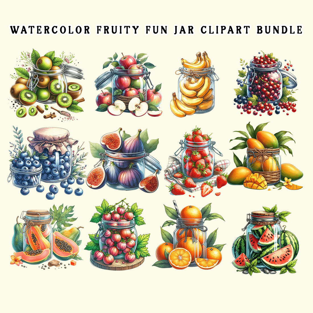 Watercolor Fruity Fun Jar Sublimation Clipart preview image.