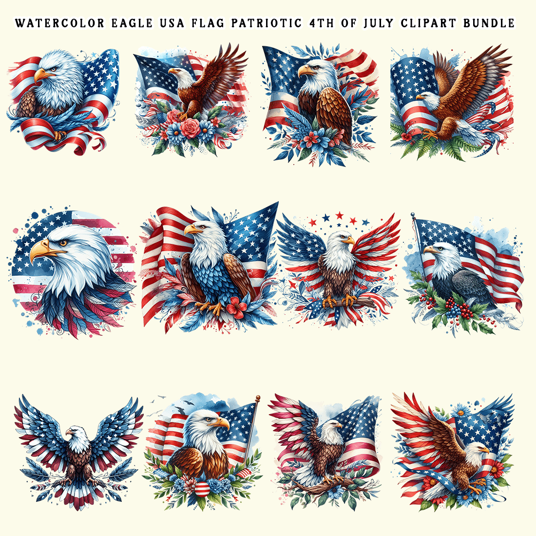 Watercolor 4th of July USA Patriotic Eagle Flag Sublimation Clipart preview image.