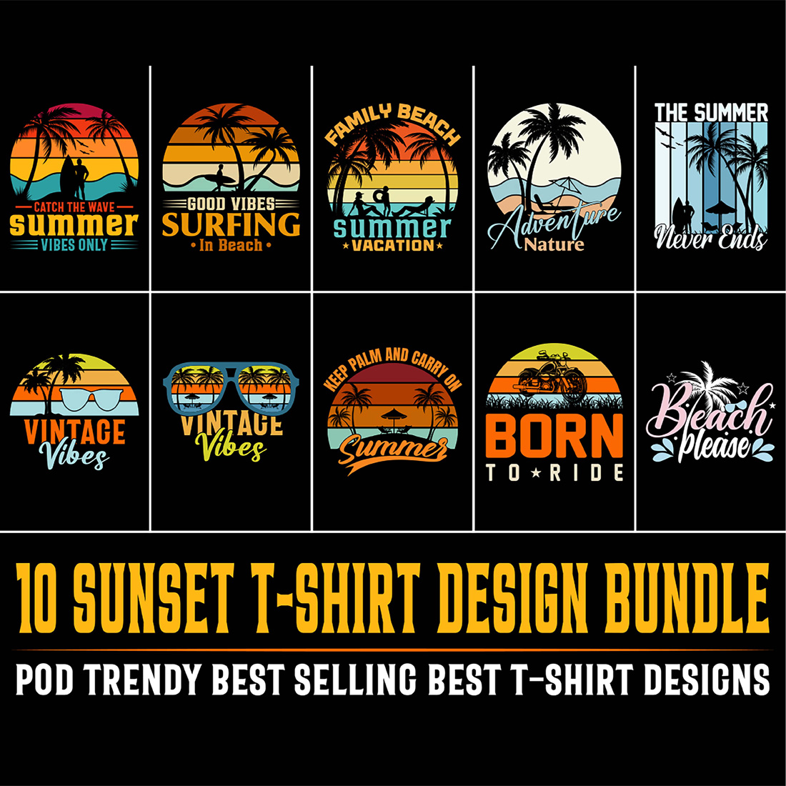 Best Sunset Retro Vintage T-shirt Design Bundle preview image.