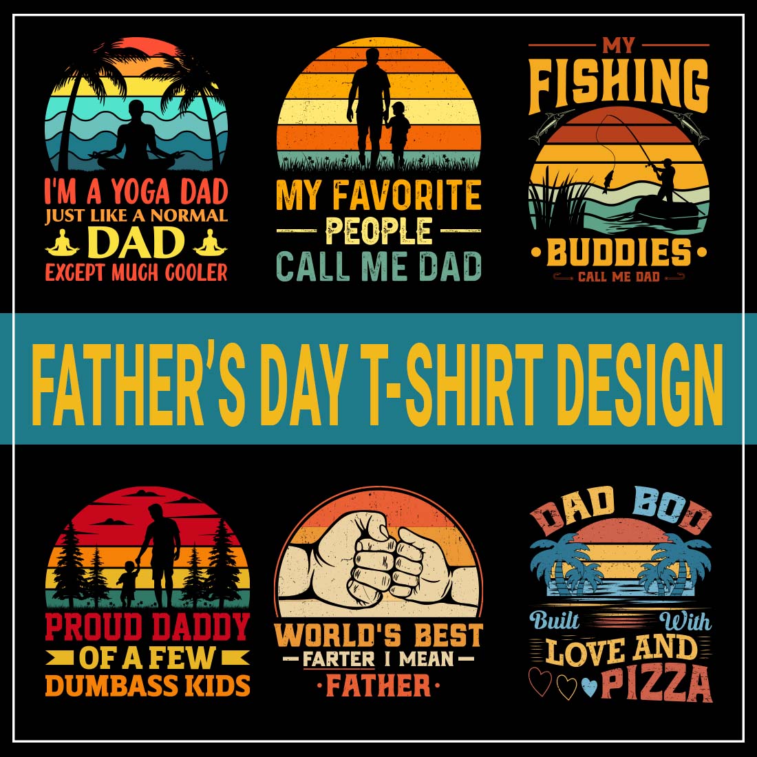 Father's day t-shirt design bundle, summer, retro vintage typography t-shirt design preview image.