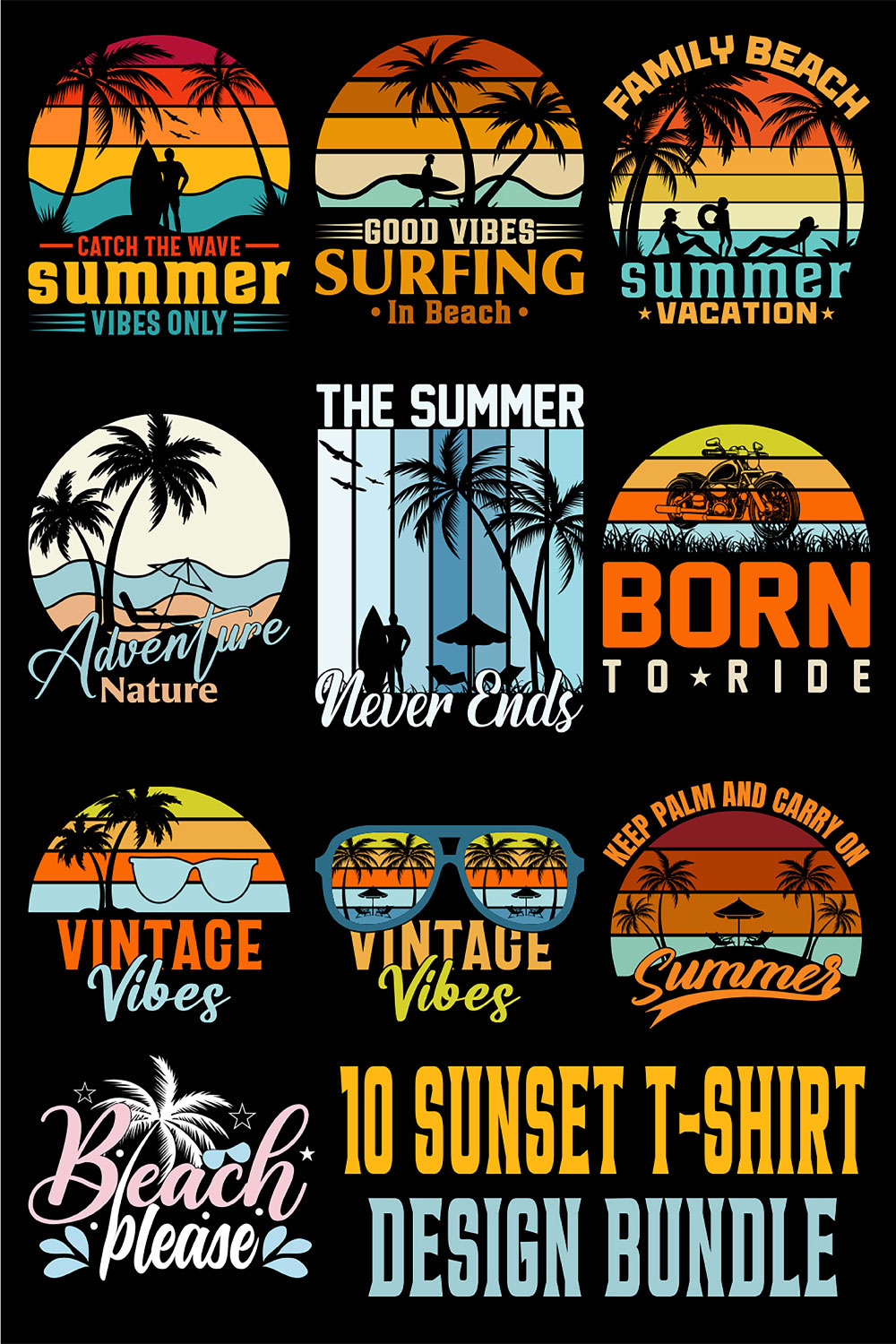 Best Sunset Retro Vintage T-shirt Design Bundle pinterest preview image.