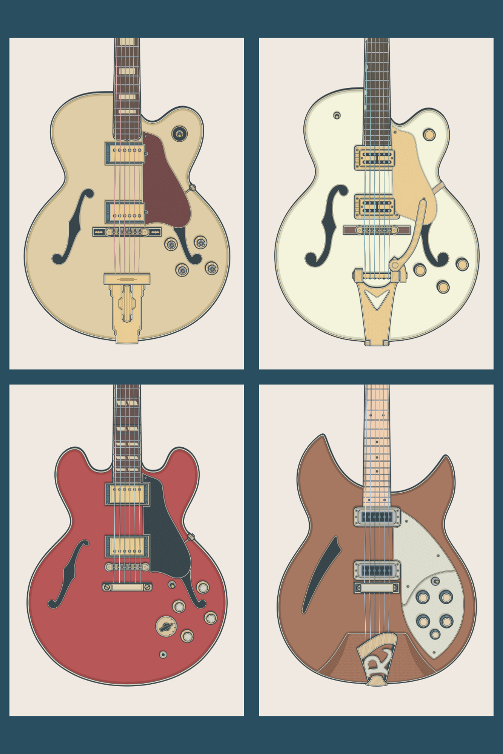 10 Vector Illustrations of Hollow Body Guitars pinterest preview image.