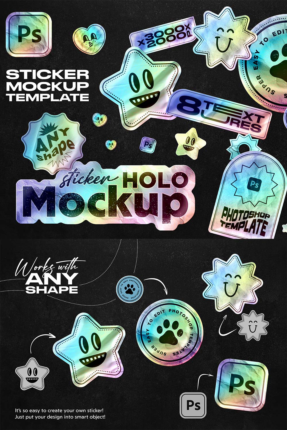 Holographic Sticker Mockup pinterest preview image.