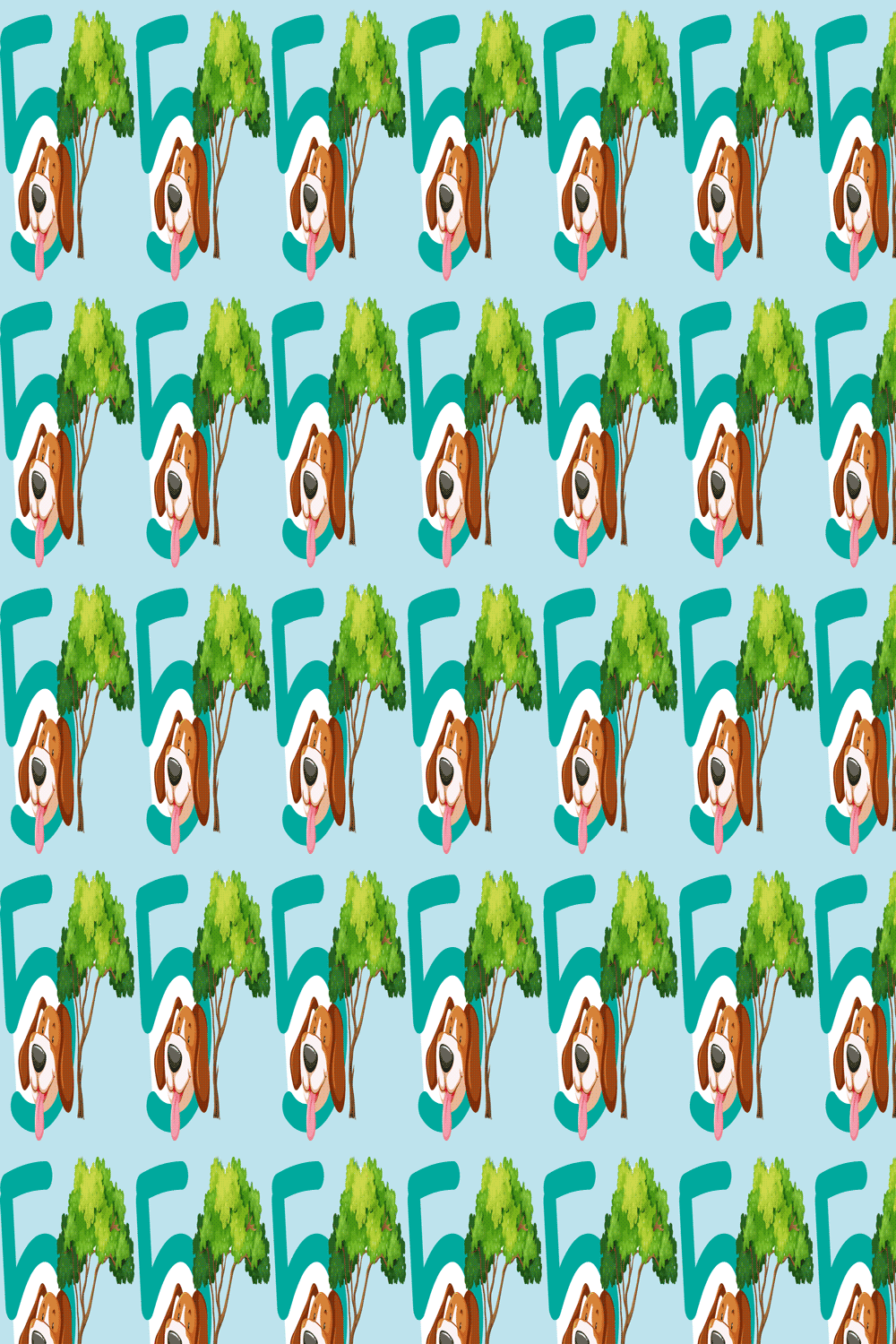 Pattern Design with five in dog in the tree pinterest preview image.