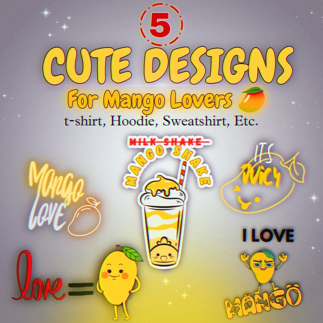 5 cute design for mango lovers, cute T-shirt design, mango t-shirt Design, cute designs preview image.
