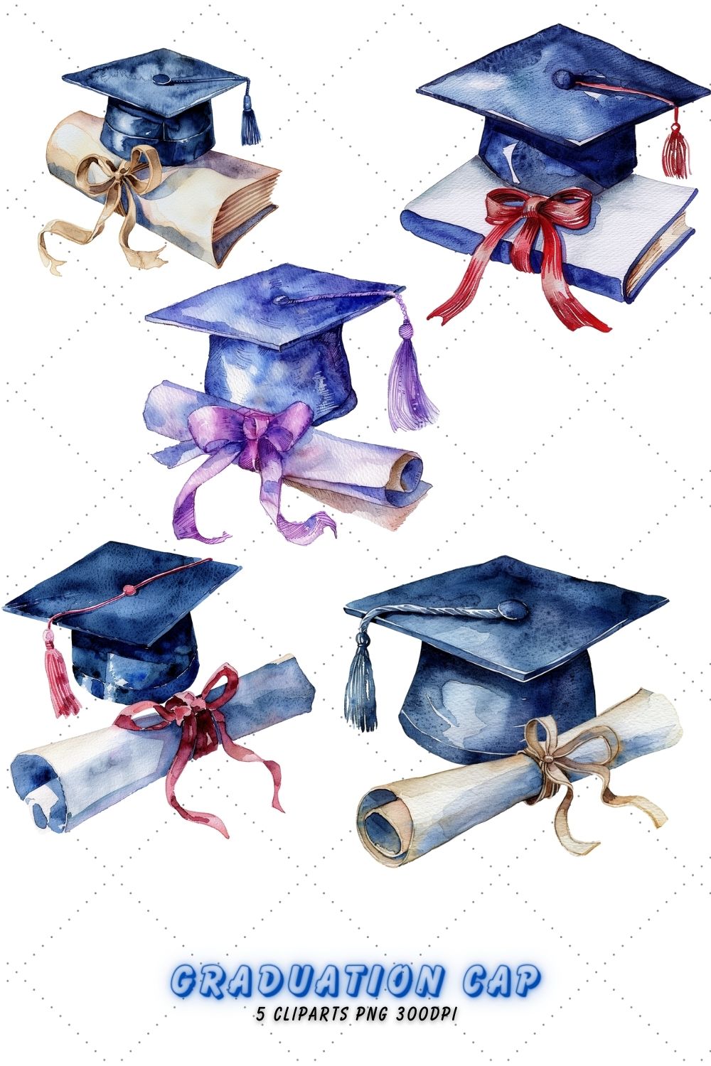 Watercolor Graduation Cap and Diploma Clipart Bundle, Watercolor graduation png pinterest preview image.
