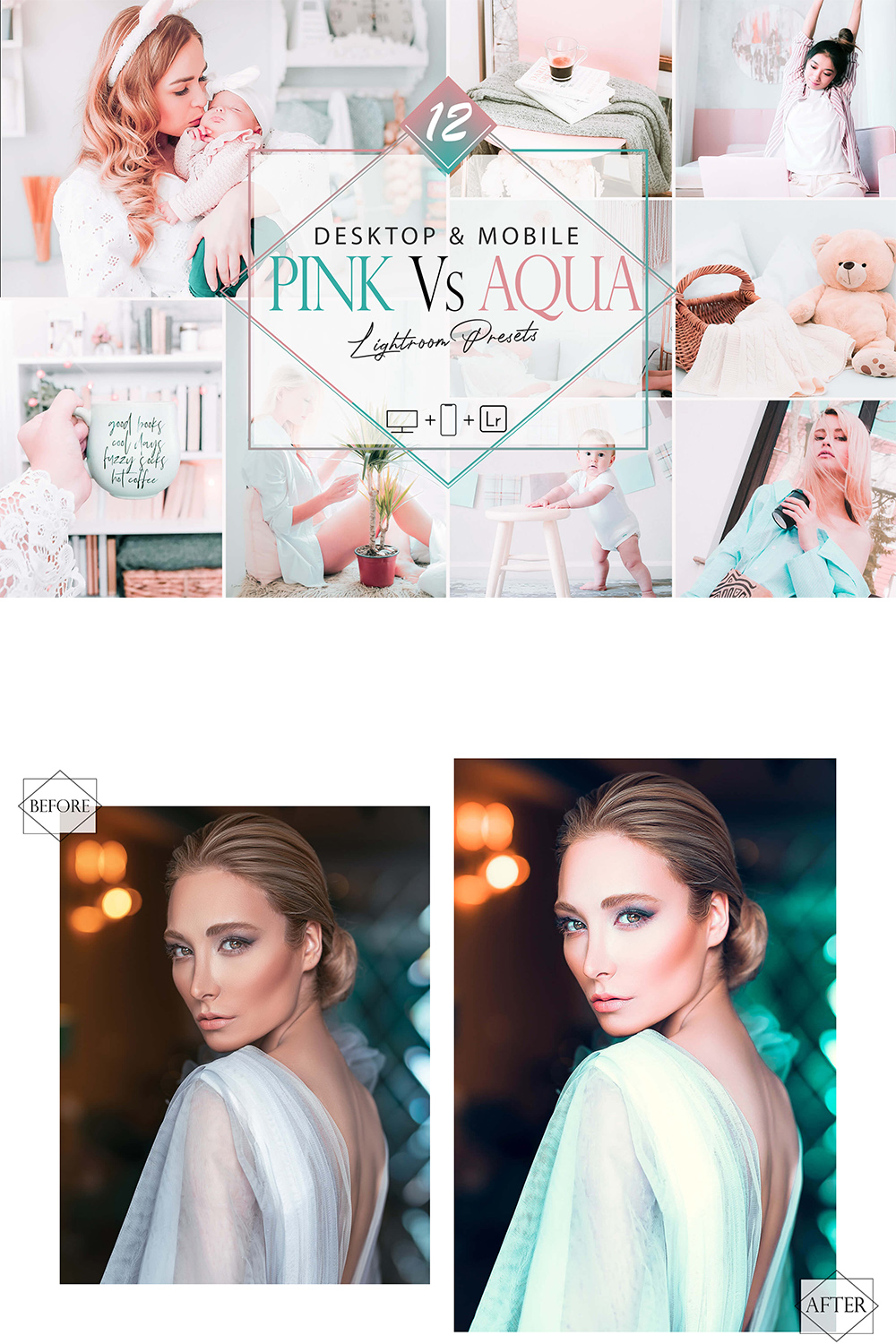 12 Mobile Lightroom Presets, Pink Vs Aqua Mobile Preset, Sweet Filter, Lifestyle Preset Instagram Presets, Blogger Preset, DNG Presets pinterest preview image.