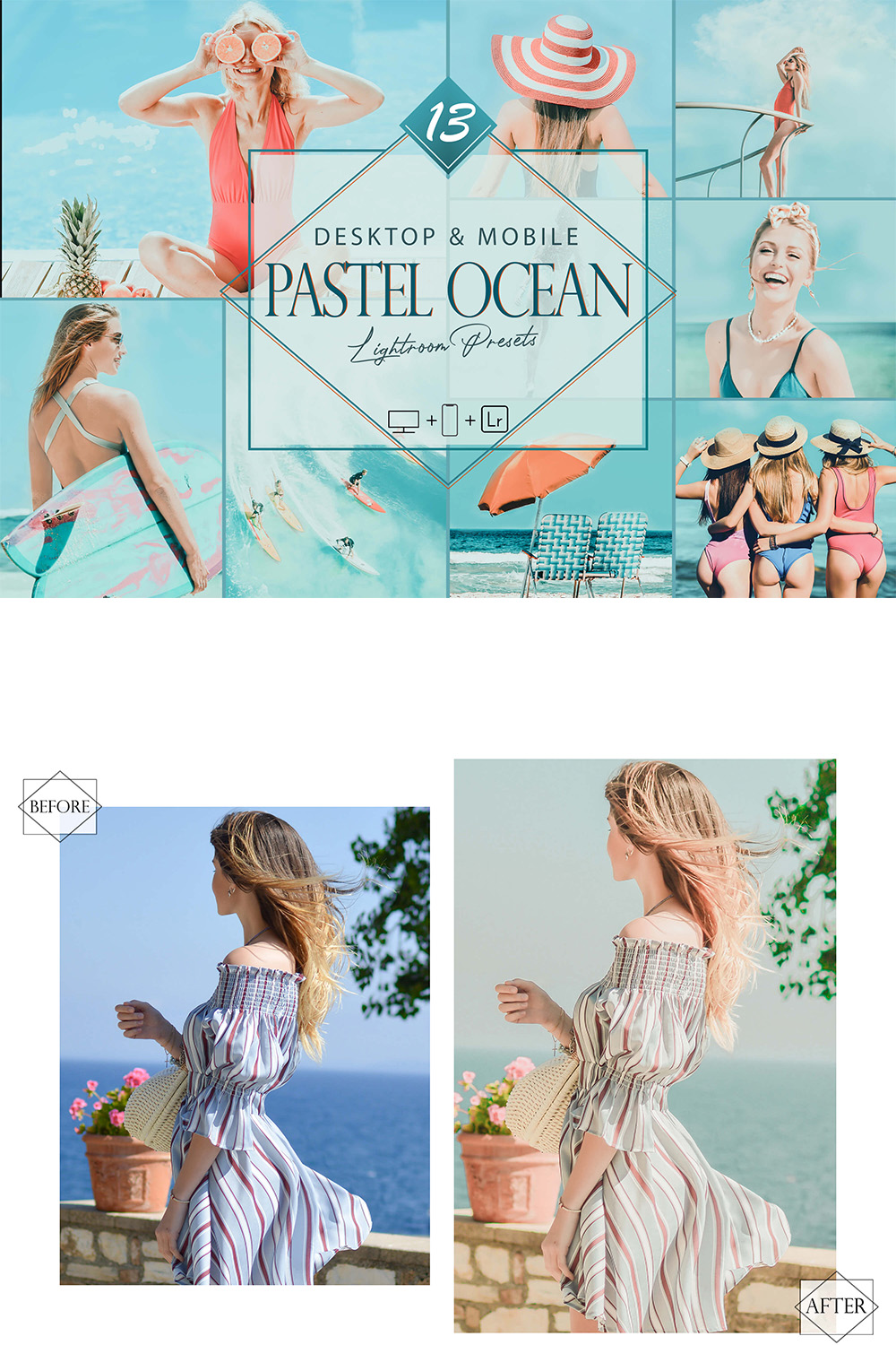 13 Pastel Ocean Lightroom Presets, Blue Beach Mobile Preset, Seaside Desktop LR Filter DNG Portrait Lifestyle Theme Blogger Instagram Sea pinterest preview image.