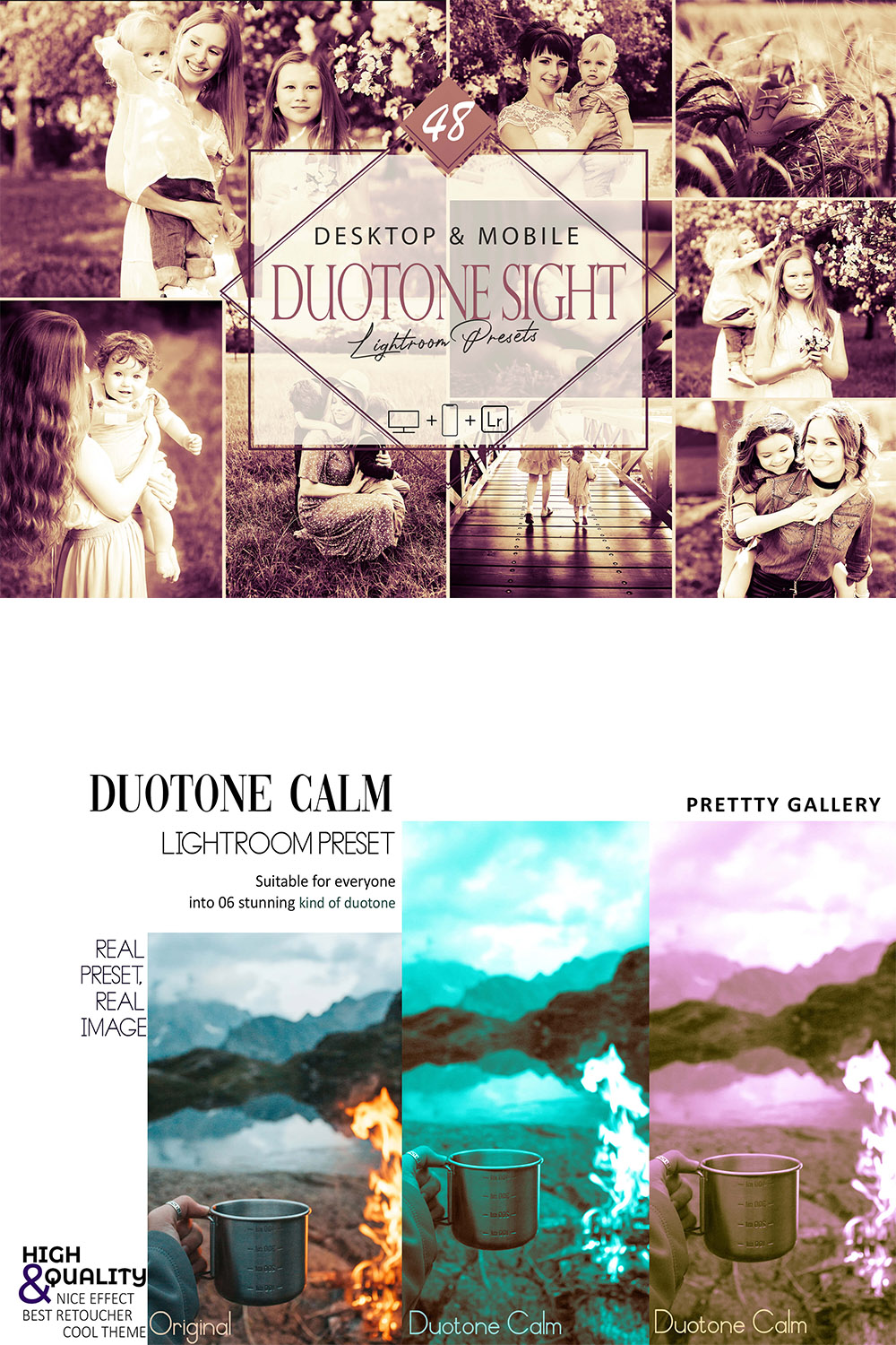 48 Duotone Sight Lightroom Presets, Motion Mobile Preset, Feeling Moody Desktop LR Filter DNG Portrait Lifestyle Theme Blogger Instagram Hue pinterest preview image.