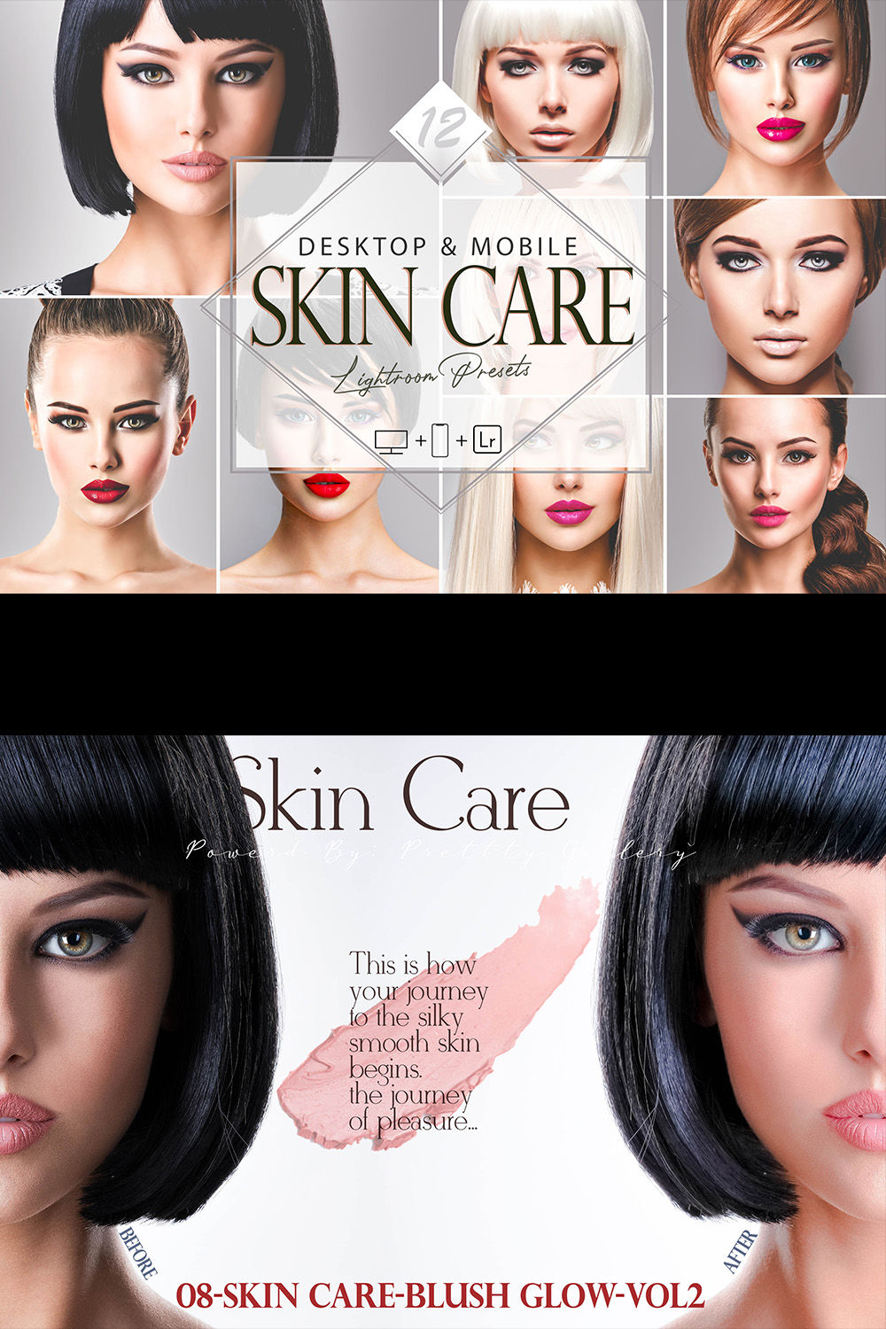 12 Skin Care Lightroom Presets, Beauty Mobile Preset, Makeup Bright Desktop LR Filter DNG Portrait Lifestyle Theme Blogger Instagram Face pinterest preview image.