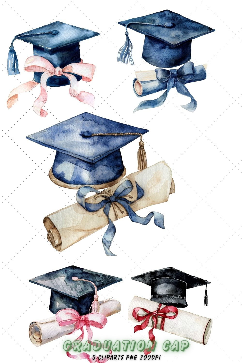 Watercolor graduation cap Clipart Bundle, graduation hat drawing, graduation png, graduation hat png, diploma clipart, graduation hat, graduation cap transparent background, graduation icons, diploma illustration, graduation cap png transparent pinterest preview image.