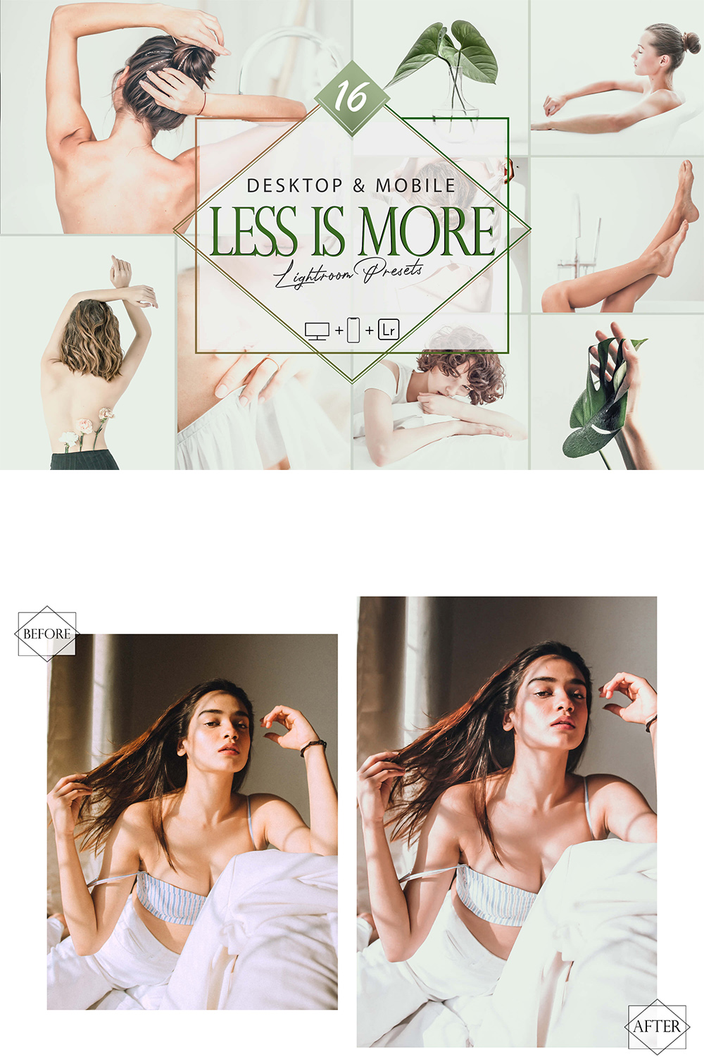 16 Less Is More Lightroom Presets, Minimal Mobile Preset, Bright Light Desktop LR Filter DNG Portrait Lifestyle Theme Blogger Instagram Home pinterest preview image.