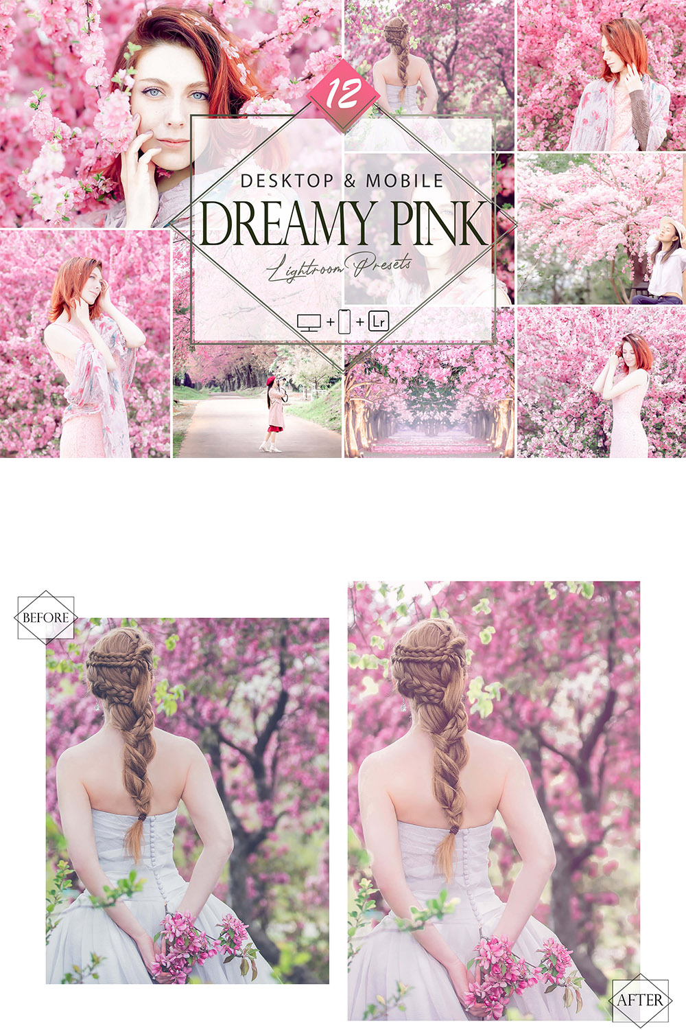 12 Dreamy Pink Lightroom Preset, Pink Mobile Preset, Soft Pink Bright Desktop LR Filter DNG Portrait Lifestyle Theme Blogger Instagram , Outdoor pinterest preview image.