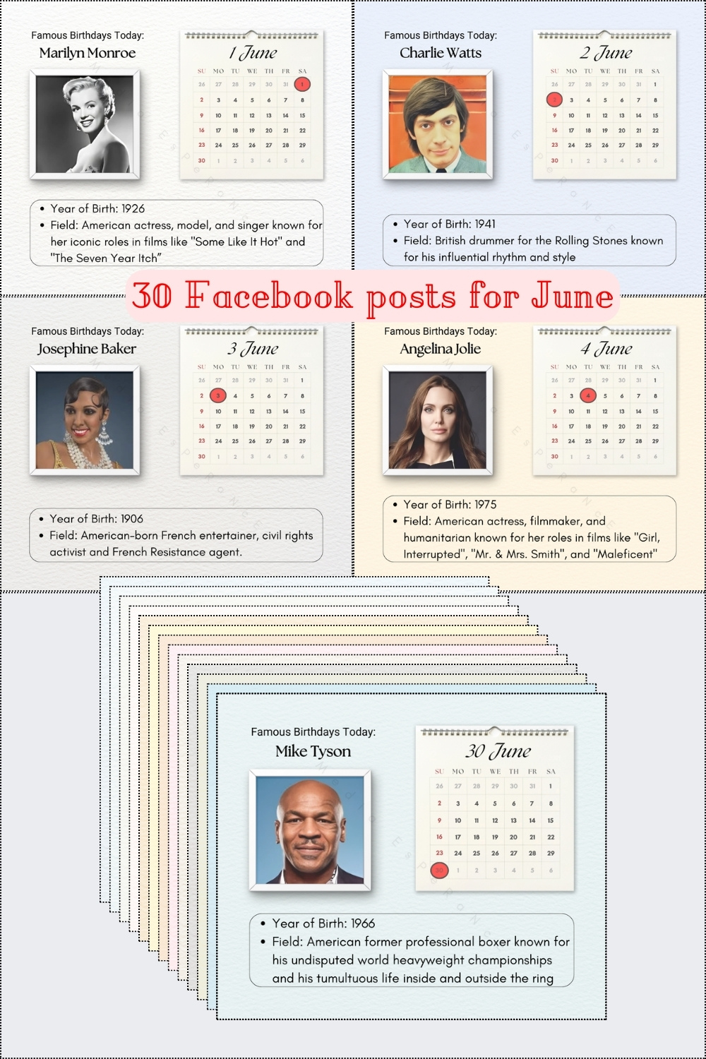 June Celebrations: Iconic Birthdays Social Media Kit | 30 Facebook posts in bed tones | 30 posts for June | Canva template pinterest preview image.