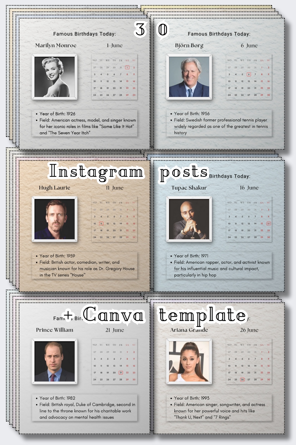 30 Instagram posts in soft tones with a 3D effect | 30 posts for June | "June Celebrities: A Post Kit Featuring Celebrities for Each Day of the Month" | Canva template pinterest preview image.