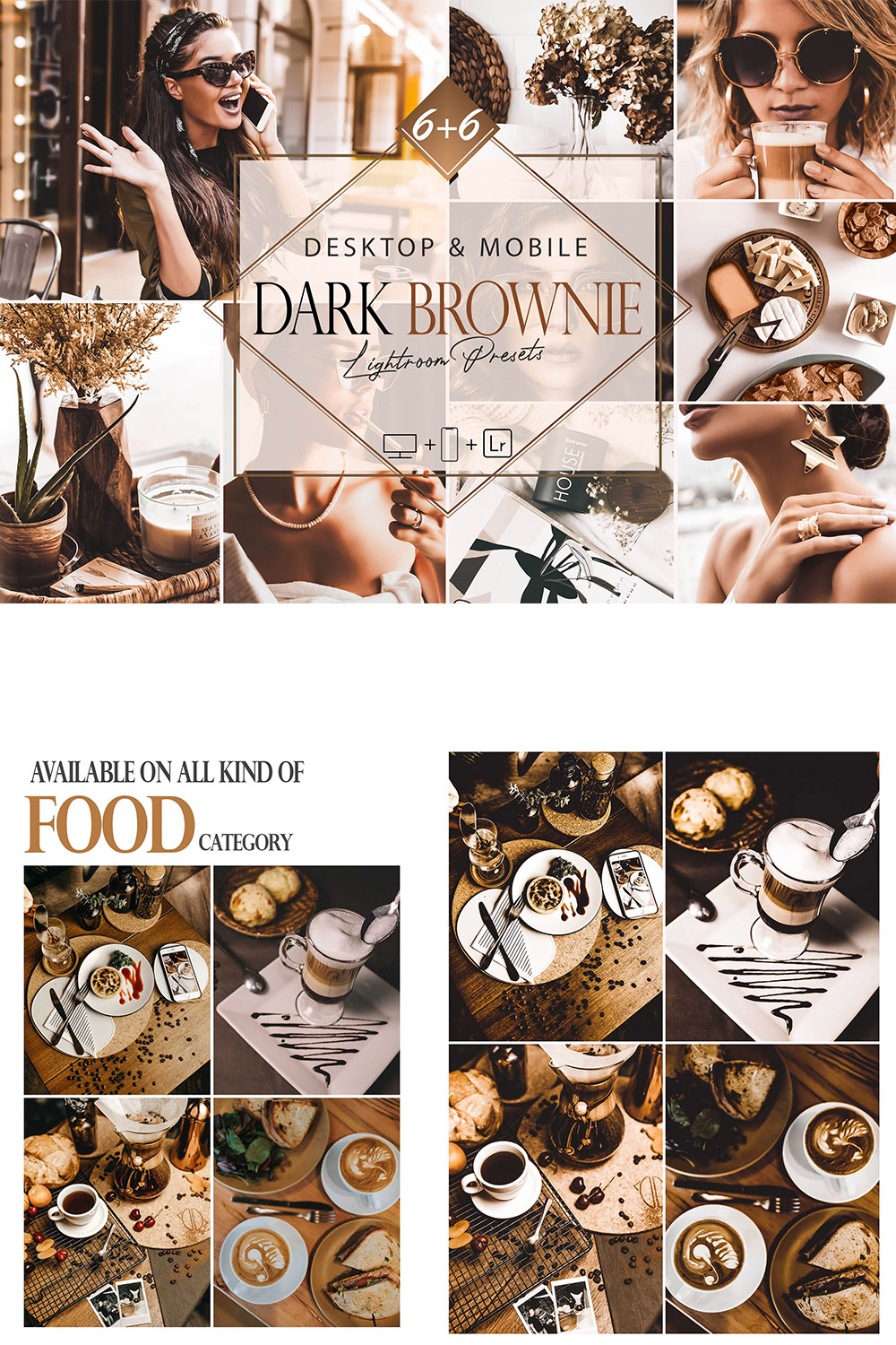 12 Dark Brownie Lightroom Presets, Moody Mobile Preset, Airy Luxury Desktop LR Filter DNG Portrait Lifestyle Theme Blogger Instagram Woman pinterest preview image.