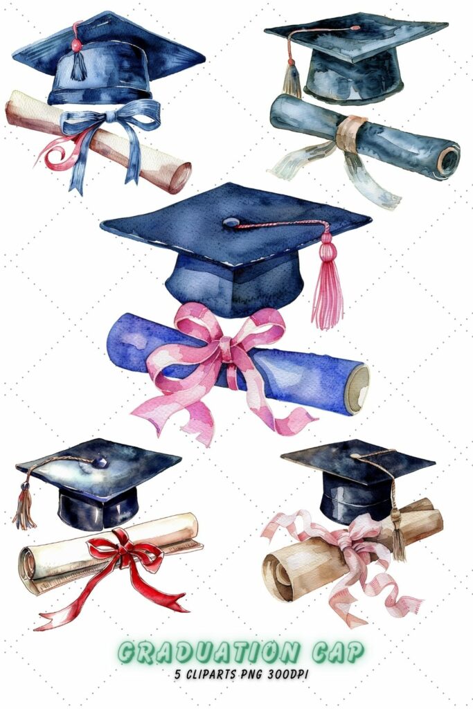 Watercolor Graduation Cap Clipart Bundle - MasterBundles