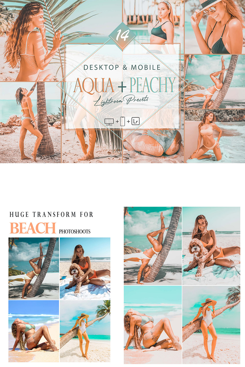 14 Mobile Lightroom Presets, Aqua + Peachy Mobile Preset, Tropical Filter, Lifestyle Preset Instagram Presets, Blogger Preset, DNG Presets pinterest preview image.