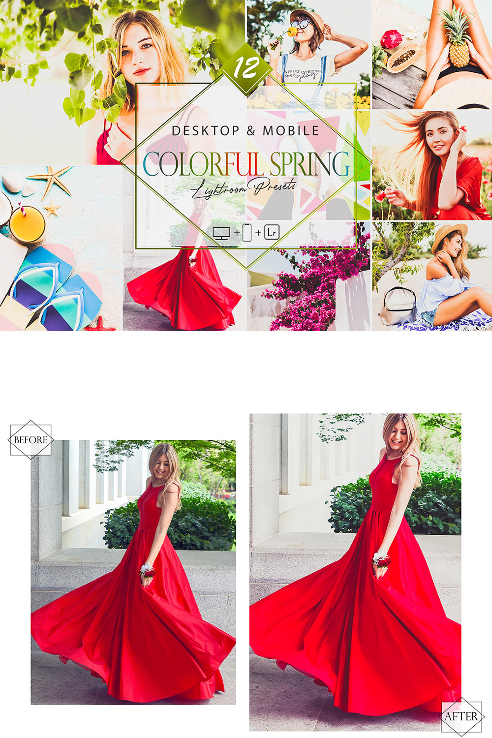 12 Colorful Lightroom Presets, Vivid Mobile Preset, Bright Spring Desktop LR Filter DNG Portrait Lifestyle Theme Blogger Instagram pinterest preview image.