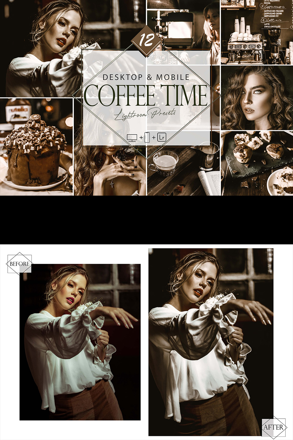 12 Coffee Time Lightroom Presets, Brown Mobile Preset, Dark Espresso Desktop LR Filter DNG Portrait Lifestyle Theme Bright Blogger Instagram pinterest preview image.