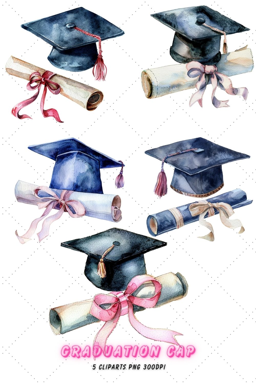Watercolor graduation cap and diploma Clipart Bundle pinterest preview image.