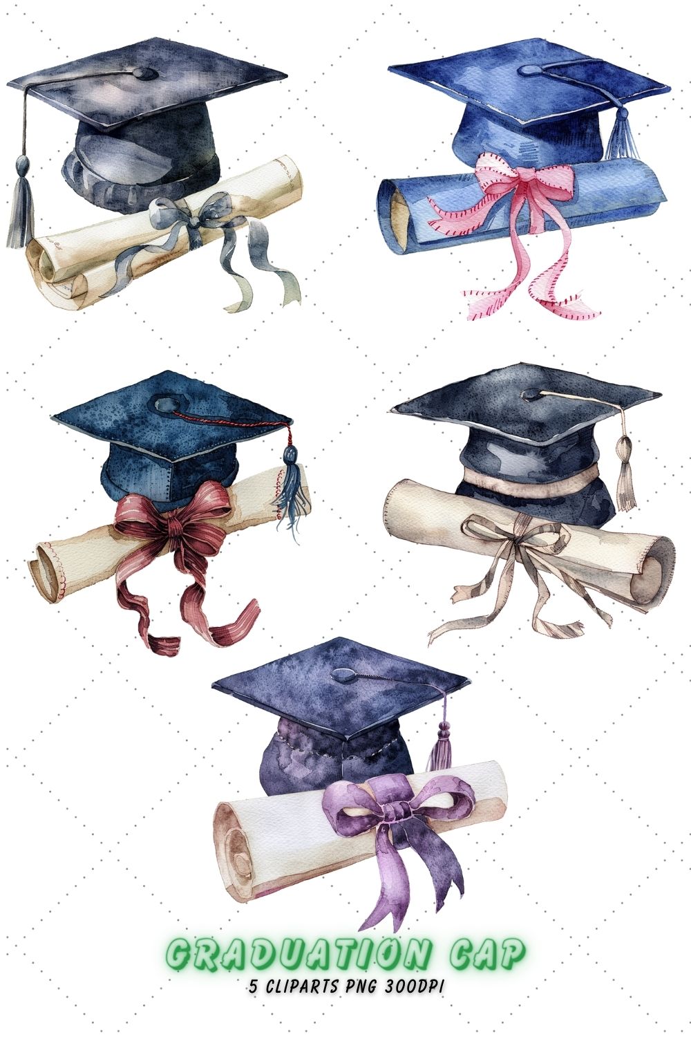 Watercolor graduation cap and diploma Clipart Bundle, graduation cap transparent background pinterest preview image.