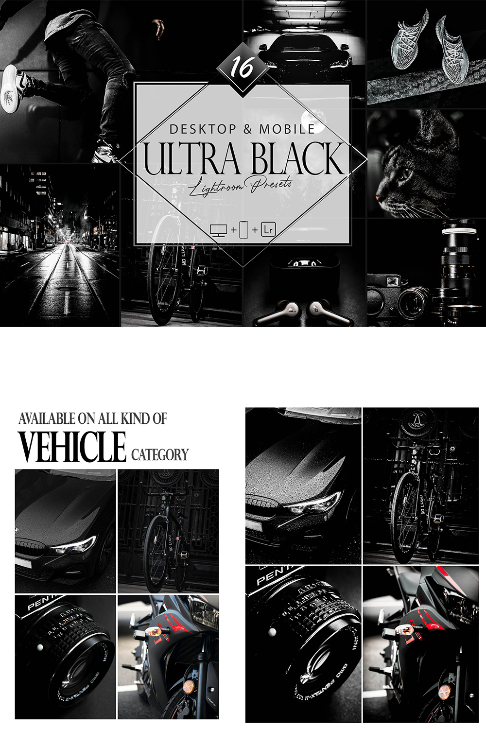 16 Ultra Black Lightroom Presets, Moody Mobile Preset, Monocolor Desktop LR Filter DNG Portrait Lifestyle Top Theme Blogger Instagram pinterest preview image.